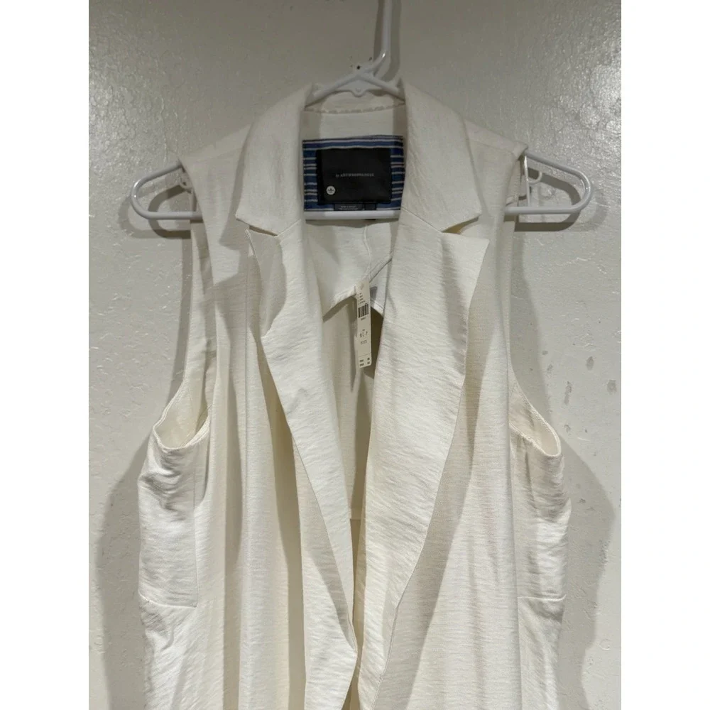 By Anthropologie White Longline Duster Vest Sleeveless Open Front M/L Petite NEW